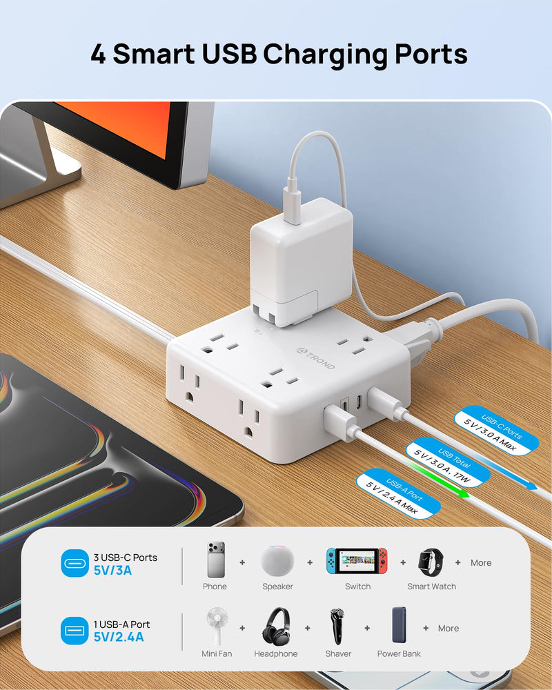 TROND Surge Protector Power Strip, 5ft Flat Plug Extension Cord, White | 8 Outlets & 4 USB Ports(3 USB C), 1625W, 1440J, Wall Mount Outlet Extender for Home Office Dorm Room Essentials