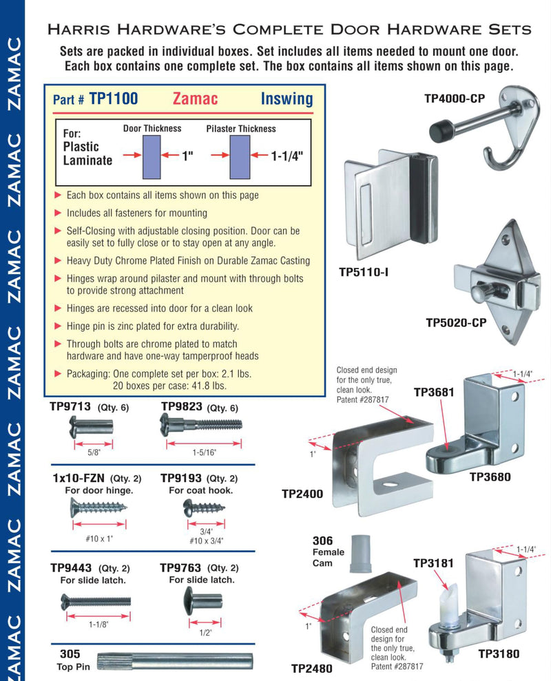 TP 1100 Toilet Partition Die Cast Zamac Complete Inswing Door Hardware Set, 1 in. Door 1-1/4 in. Pilaster 1 in. Inswing Chrome