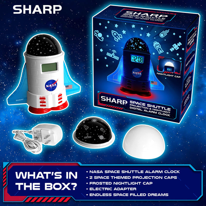 Sharp NASA Space Shuttle Night Light Alarm Clock – Wings and Booster Lights Up – Space Design Nightlight Fun with 4 Color Options and 2 Space Themes for Bedroom, Great Gift!