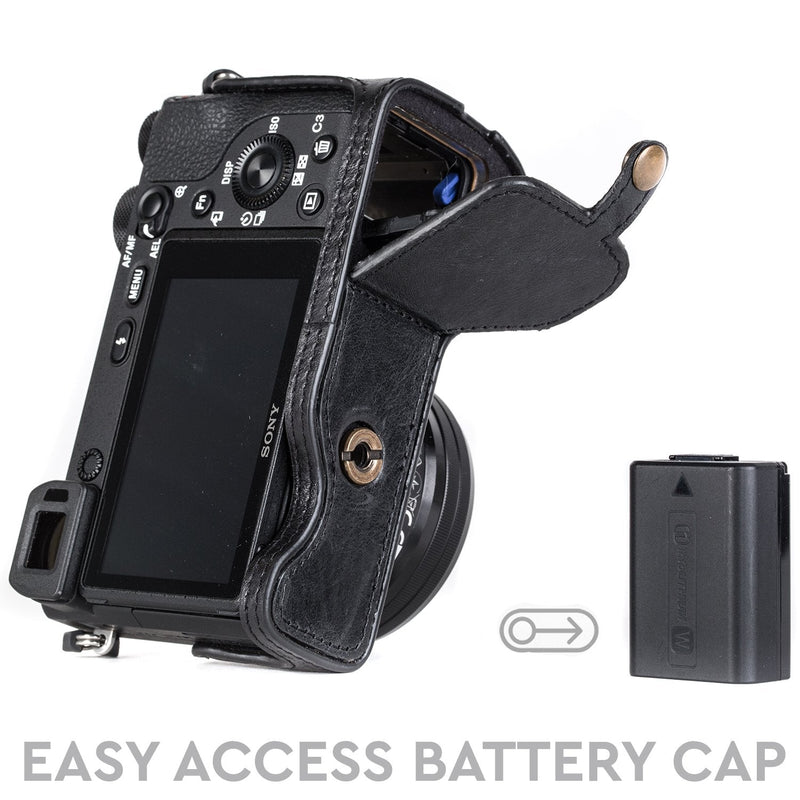 Megagear MG1203 Sony Alpha A6500 Ever Ready Genuine Leather Camera Half Case & Strap with Battery Access, Black