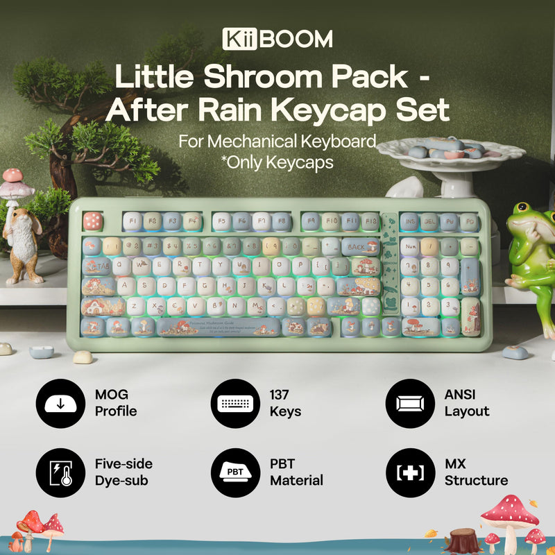 KiiBOOM Keycap Set - Little Shroom Pack, MOG Profile, 5-Side Dye-sub PBT | 137 Keys, MX-Style Compatible for Alice, 60%, 65%, 75%, TKL, 96%, Full Size, ANSI Layout Mechanical Keyboards (After Rain) After Rain