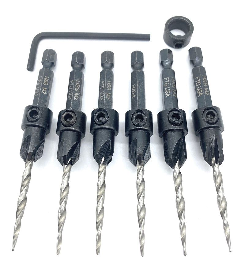 FTG USA 6 Pc #6 (9/64") Countersink Drill Bit Set with Tapered Drill Bits | 6 counter sink drill bit for wood, all same size. Includes 1 depth stop 3/8", 1 hex key; pre-drill woodworking boring tool Same Sort 6 Pc