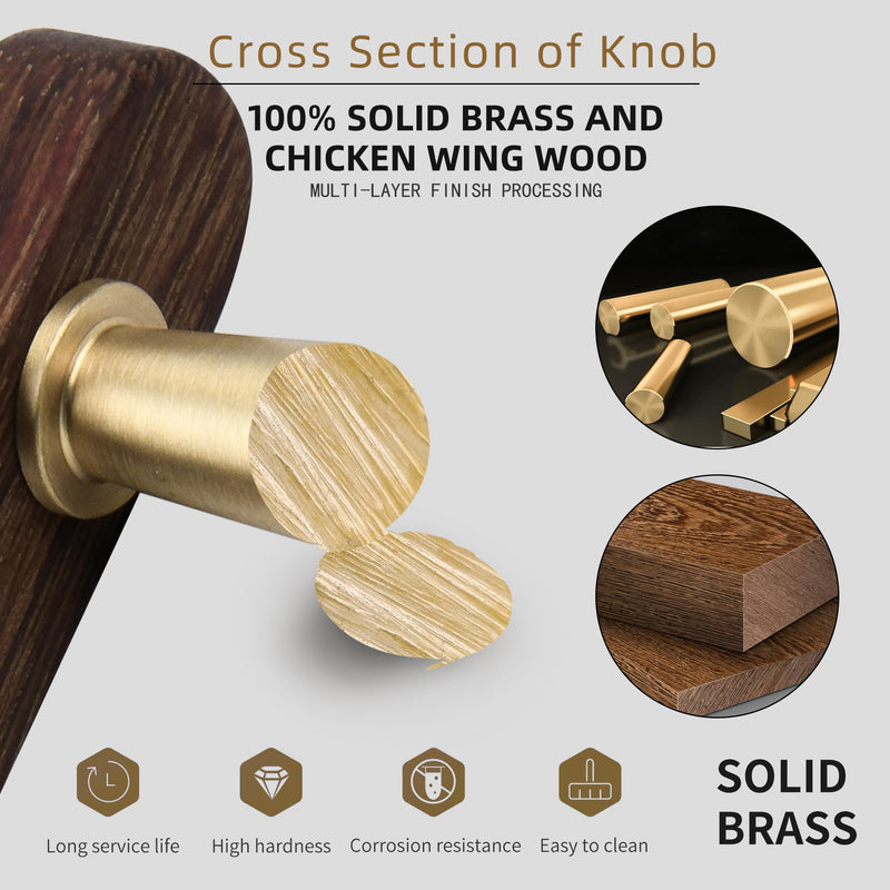 SALISENG-Solid Brass and Wooden Kitchen Cabinet Pulls, 5 Pack 3-3/4 Inch Brass Dresser Drawer Handles, Modern Furniture Hardware Pulls for Bathroom Bedroom Living Cabinets 3-3/4 Inch Hole Centers
