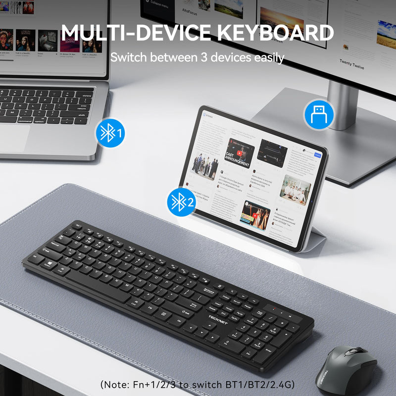 TECKNET Wireless Keyboards Full Size, Bluetooth+2.4G USB for Windows, Black | External Cordless Computer Keyboard with Number Pad, Multi Device for PC, Desktop, Laptop, Chromebook, AAA Battery Operated
