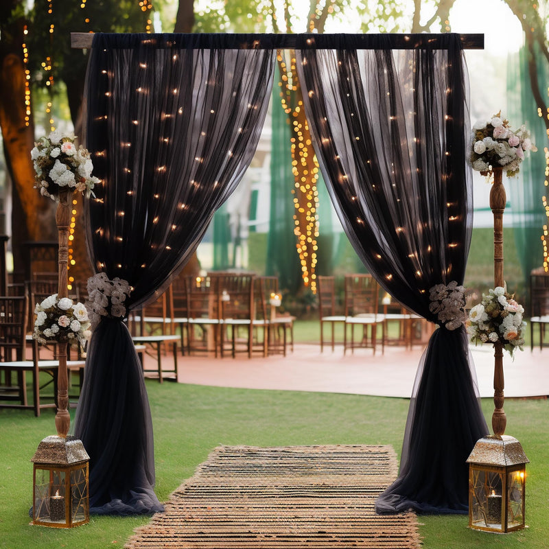 20×8ft Black Tulle Curtain Backdrop with Lights String for Parites, Sheer Backdrop Curtain Drapes for Wedding Photo Baby Shower Photography Birthday Party 20 ft X 8 ft(4 Panel-5ft X 8ft)