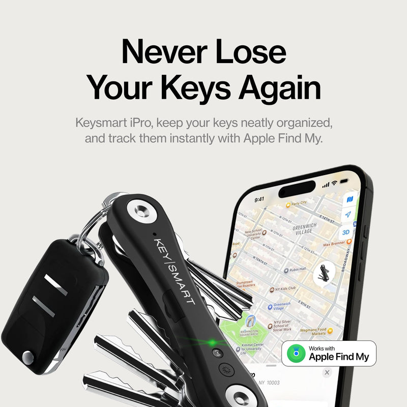 KeySmart iPro - Key Finder Locator with Sound, Keychain Key Holder, Apple Find My App Compatible, Key Organizer, Compact Clutter-Free Key Chain Tracker, Rechargeable Battery (Up to 14 Keys, Black)