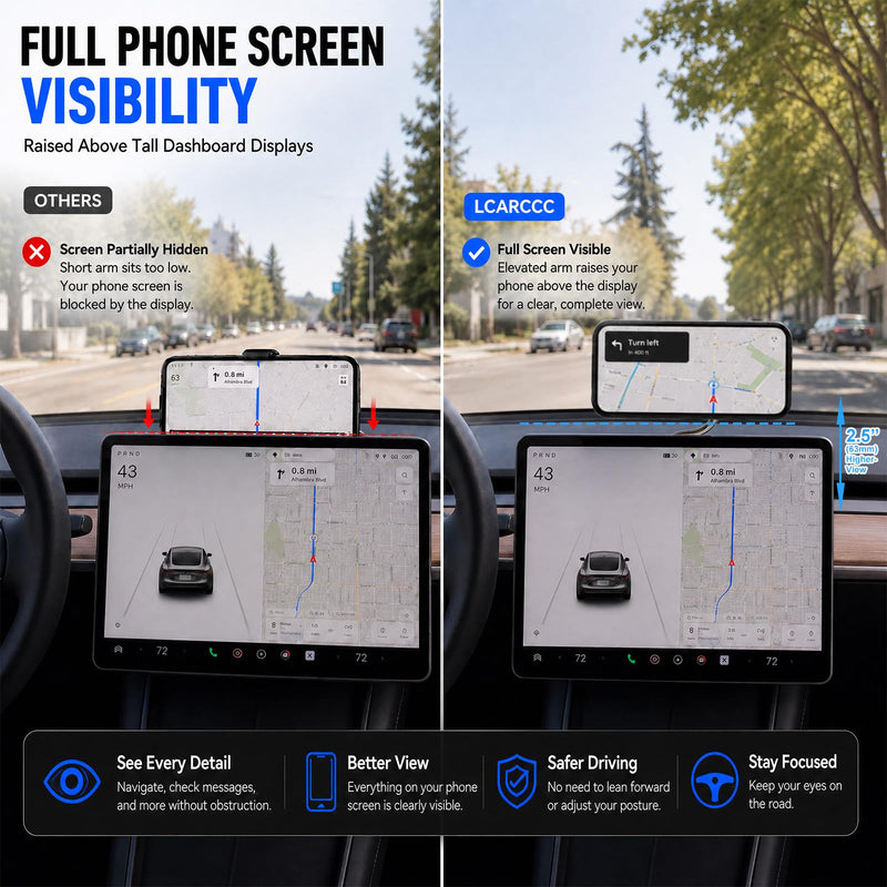 MagSafe Phone Mount, 175mm Long Arm Dashboard Holder | Full Phone Visibility – Designed for Large Dashboard Displays Without Blocking Your Screen