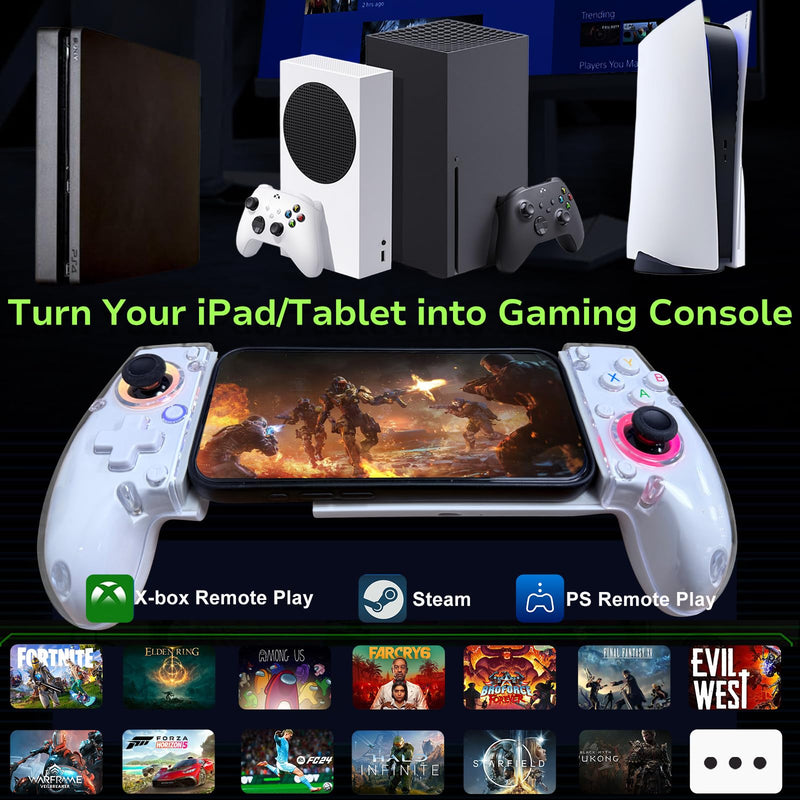 Transparent Phone Controller for iPhone, Android Mobile Controller Wireless Gaming Gamepad Joystick with RGB Lighting/Turbo/6-Axis/Dual Vibration, Xbox/PS5/PS4/PC Streaming, Cloud Gaming, Direct Play