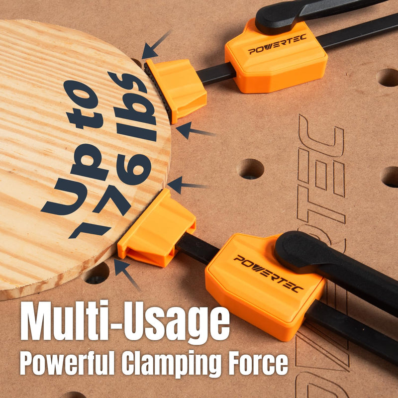 POWERTEC 72240 Bench Dog Clamps w/Bench Dogs for 3/4" Dog Holes | 2PCs Quick Clamp and Release Wood Clamps with 176lbs Clamping Force, 8PCs Durable Bench Dogs with Grommet Bench Brake Inserts Bench Dog Clamps (2PCs) w/ Bench Dogs (8PCs)
