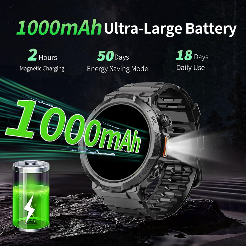 Soudorv Military Smart Watch for Men, 50+ Day Battery Life, Bluetooth Call | 1.53" HD, 110+ sports modes, heart rate/sleep monitor, IP68 waterproof, Fitness Watch with LED Flashlight for iOS/Android Black