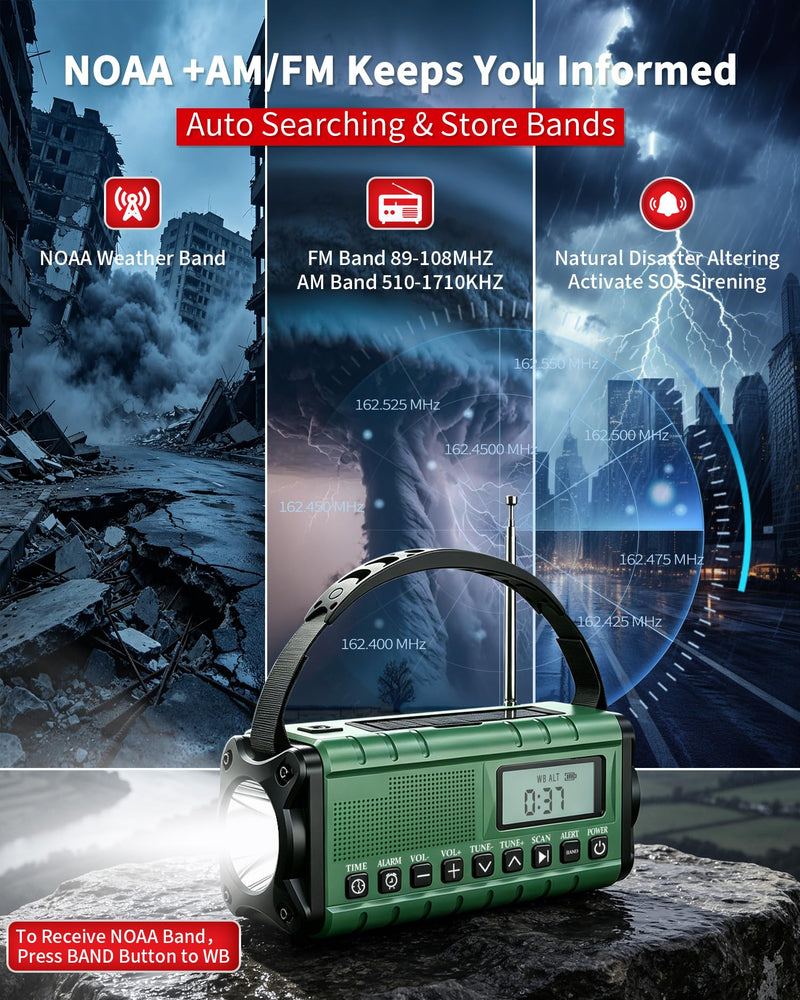 Hand Crank Radio Portable Am Fm-10000mAh/37000mWh NOAA Weather Radio | Auto Scan Emergency Radio with Flashlight,Rechargeable Battery,Solar Panel&SOS Alarm for Indoor/Outdoor Emergency Supplies Army Green