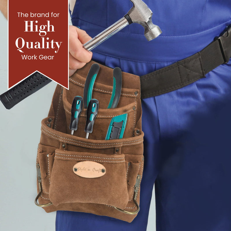 Style n Craft 10-Pocket Carpenter’s Nail and Tool Pouch, Heavy-Duty Suede Leather Pouch, Dark Tan (88923) Dark Tan - Standard