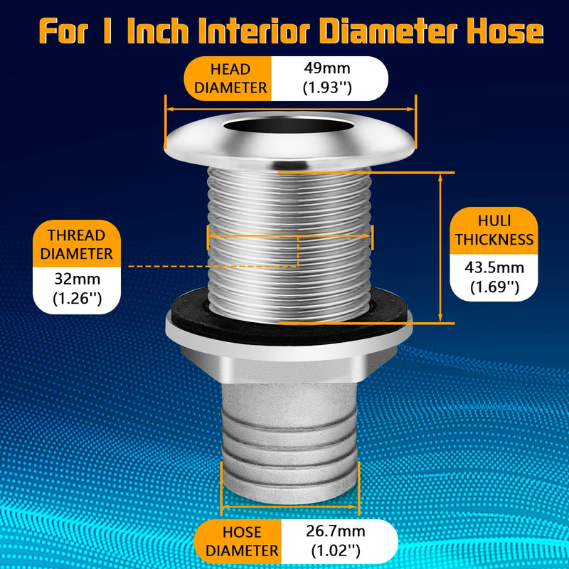 Thru Hull Fittings for Boats, Stainless Steel Yacht Through Hull Connecter with Straight Barb, Marine Barbed Hose Skin Fitting Drain for 3/4 inch I.D. Hose, 1 inch I.D. Hose 1'' ID
