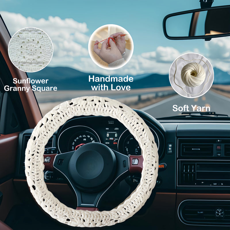  [AUSTRALIA] - Crochet Steering Wheel Cover, Sunflower Steering Wheel Cover, 14-15 inch, Universal fit, Boho Car Accessories, for Men, Women and Girly, White (A Wheel Cover) A wheel cover