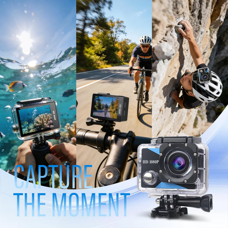 Action Camera 1080P Sports Camera 16GB Memory Card Action Cam 131ft Underwater Waterproof with 2 X Batteries with Accessories Kit Suitable for Helmet, Bicycle, etc. Indigo Black