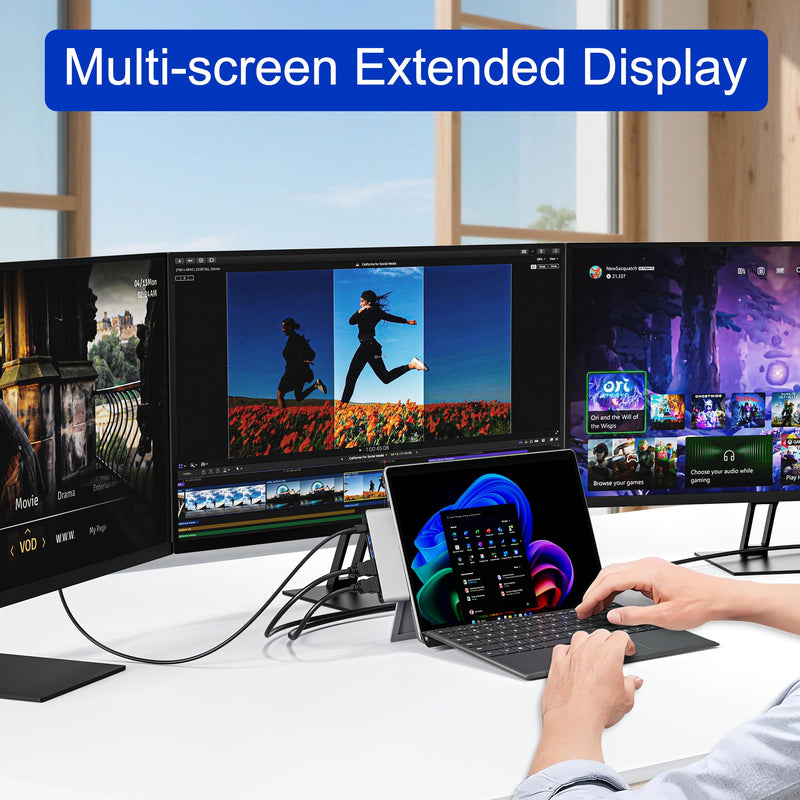 Surface Pro 9/10/11 Docking Station - 8-in-1 Triple Display Surface Pro 9/10/11 Accessories Adapter with Dual HDMI 4K, 1x USB C (100W, 40Gbps), 2x USB 3.0, SD/Micro SD Card Reader and 3.5mm Audio Jack Silver