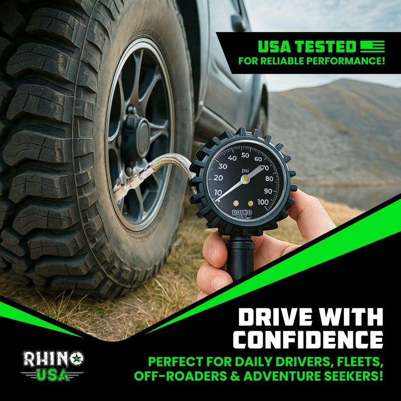 Rhino USA Tire Pressure Gauge with Inflator (0-100 PSI) - Heavy Duty Air Chuck and Compressor Accessories with Stainless Braided Hose, Large Analog Dial and Solid Brass Hardware for Truck and RV 100psi Analog