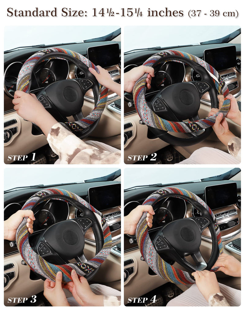 SEG Direct Boho Steering Wheel Cover with Baja Blanket Cloth, Ethnic Style Auto Wheel Cover Made of Coarse Flax, Fits 14 1/2-15 1/4 inches Car Wheel Spinning Rainbow