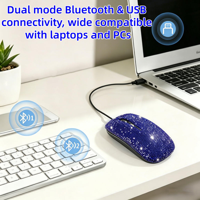 Wireless Mouse Bluetooth,Cute Bling Crystal Rhinestone Blue Rechargeable Silent Slim Dual Mode Portable USB Mouse for Laptop PC Computer MacBook Office Travel,Gift for Teen Girl Women Mother Her