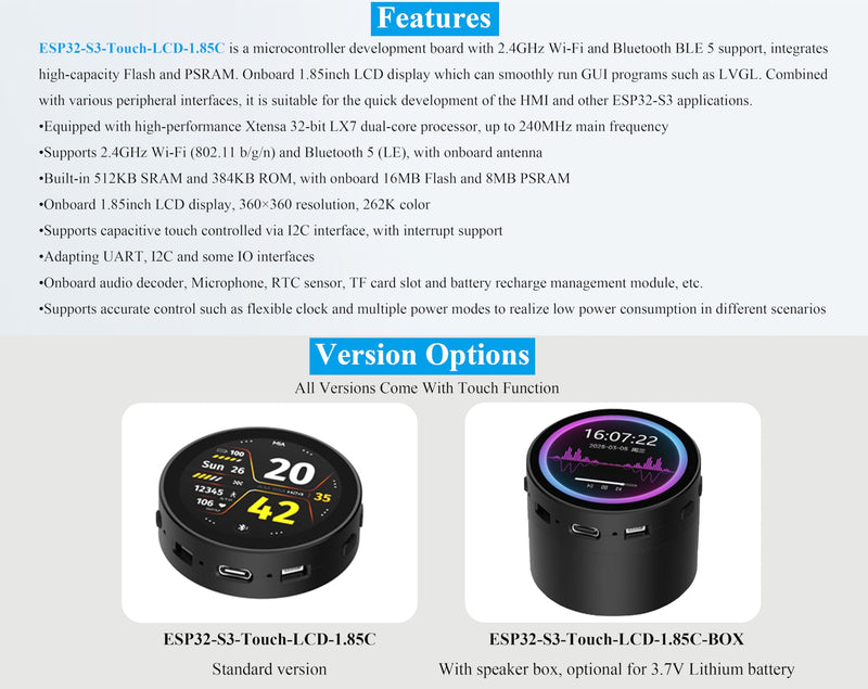 ESP32-S3 with 1.85inch Touch Round LCD Development Board, 360x360, Support W-i-Fi & BLE 5, Smart Speaker Box, AI Speech, Supports AI Speech Interaction and Offline Voice Control