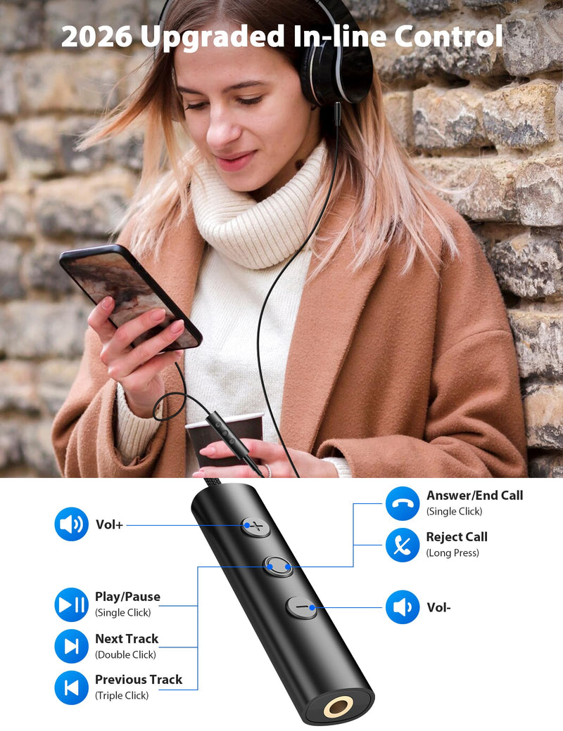 USB C to 3.5mm Headphone Aux Jack Adapter Cable with in-Line Control | Type C to 3.5mm Audio Converter AUX Dongle Braided Cable Type C Earbuds Adapter for iPhone 17 16 15/Samsung S26 S25 S24,Black Black