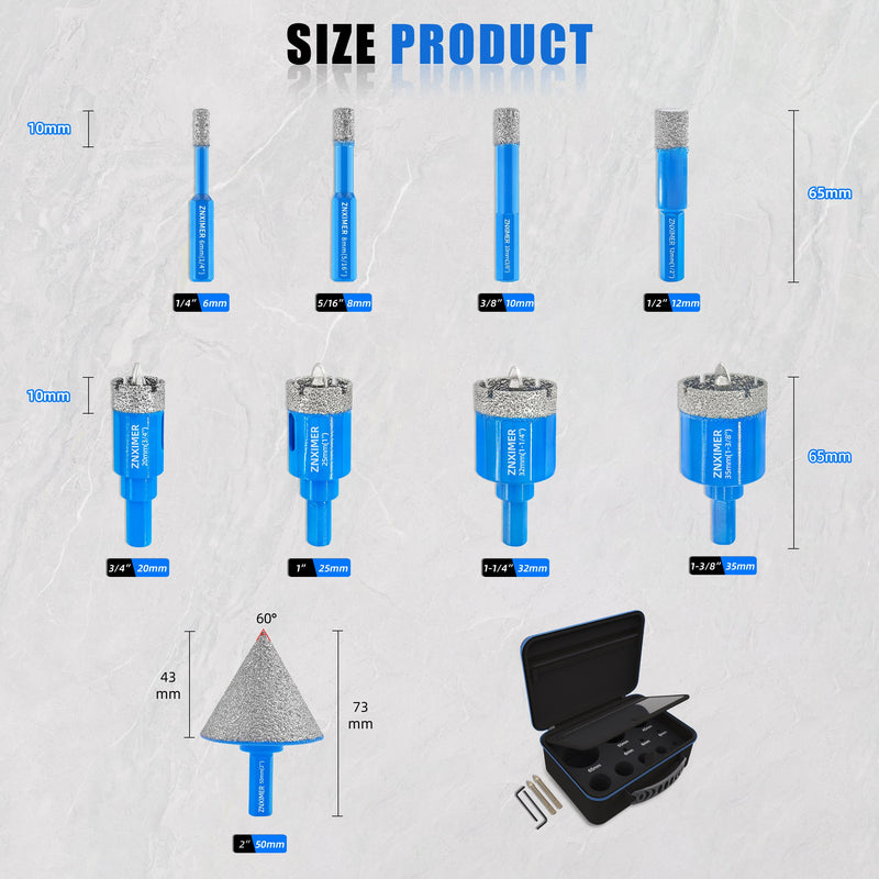 9-Piece Vacuum Brazed Diamond Hole Saw Kit with Pilot Bits | 6-50mm tile hole saw kit with pilot bits cuts clean holes wet or dry in tile, porcelain, ceramic, granite, marble and stone K7-6/8/10/12/20/25/32/35MM/2" 9