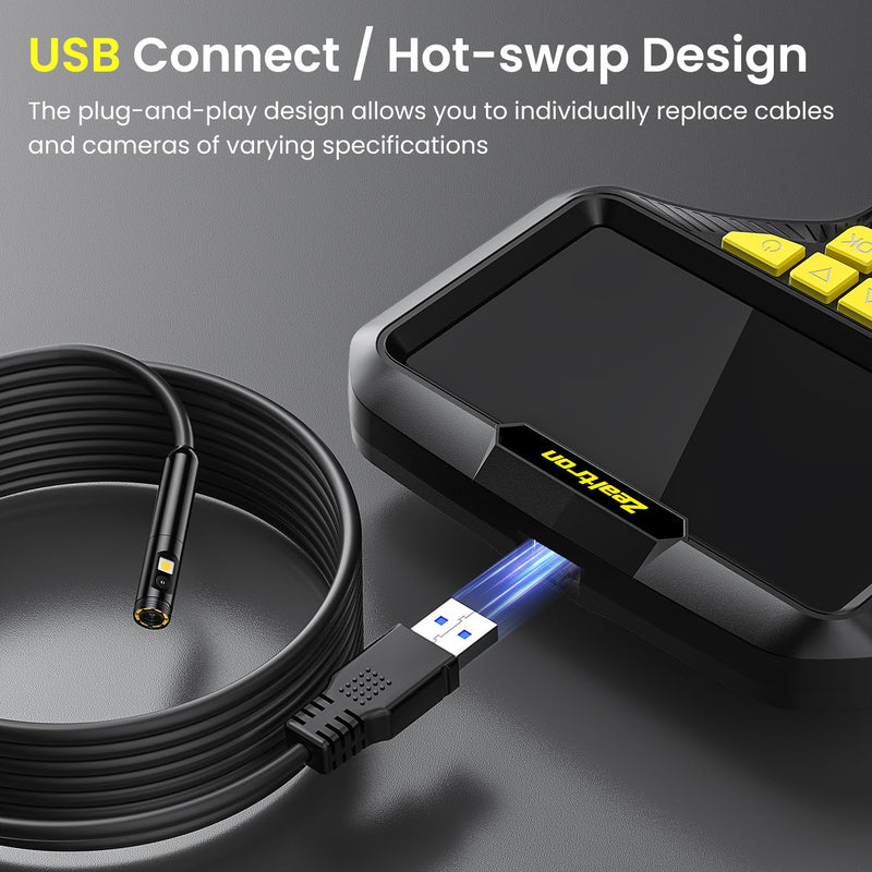 Dual Lens Endoscope Camera with Light, 5.0'' IPS Screen Inspection Camera, 1080P HD Handheld Borescope with 8 LED Lights, 7.9mm IP67 Waterproof Lens with 16.5ft Semi-Rigid Cable