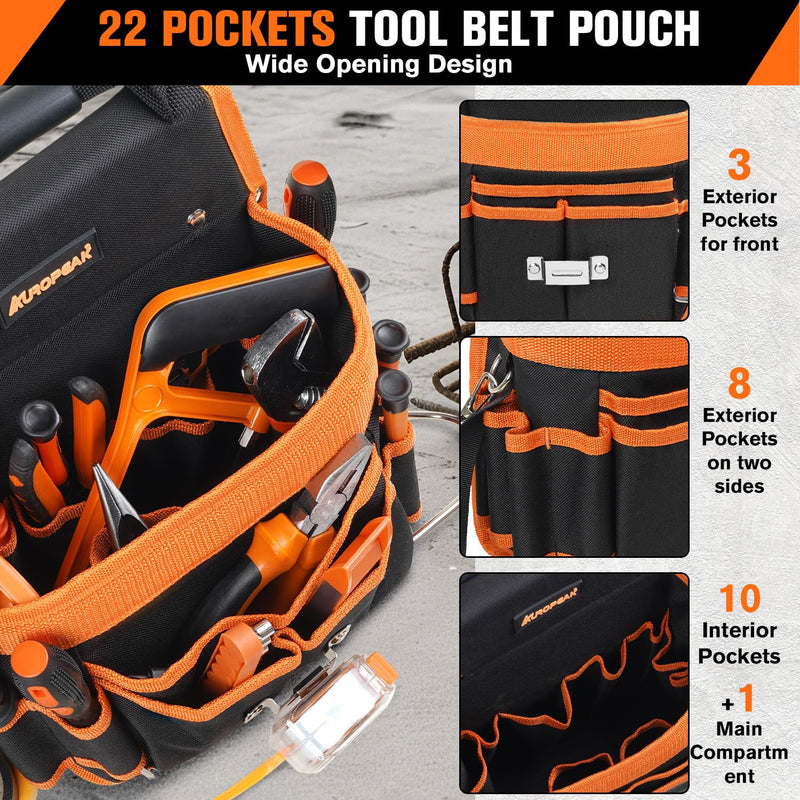 AUROPEAK Tool Belt Pouch, 22 Pockets with Hammer Loops & Tape Clip | Durable Nylon Material, Adjustable Belt Fit, Lightweight Single Side Design, Perfect For HVAC Contractors and Carpenters