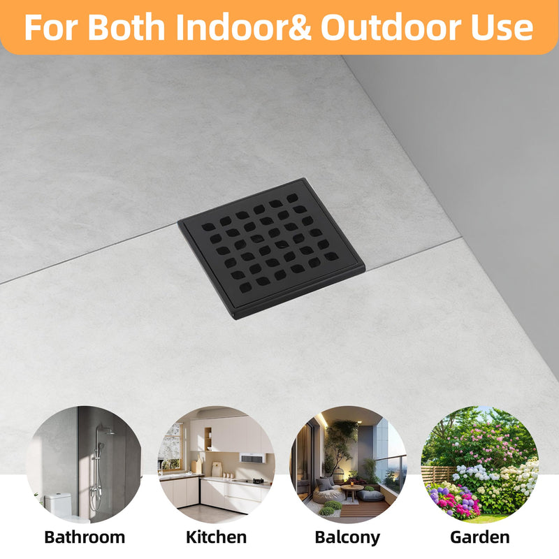 Square Shower Drain, 4-Inch Matte Black Kit with Bonding Flange, Removable Stainless Steel Grate & Hair Strainer, Fits 2" & 3" Pipes for Tiled Floors 4in-Black