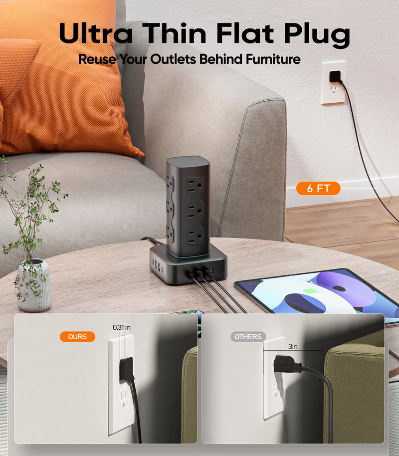 Power Strip Tower, 100W USB Charging Station Tower 12 AC Outlets | 8 USB Ports (4 USB C), 6 Ft Flat Plug Extension Cord with Multiple Outlets, Home Office Dorm Room Essentials, Black