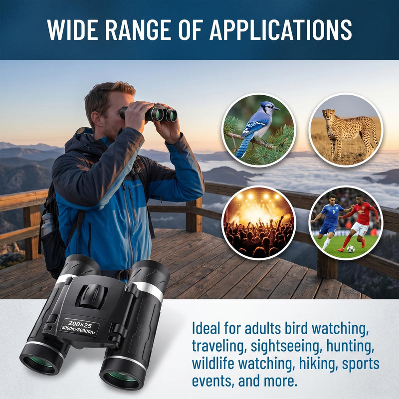 200x25 Compact Binoculars for All Ages – High-Powered Mini HD Optics | Waterproof, fog-proof, durable rubber, for bird watching, hunting, travel, concerts, sightseeing, camping, hiking, outdoor