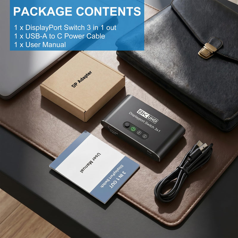 DisplayPort Switch 3 in 1 Out 8K@60Hz, DP Switcher Connects 3 PCs to 1 Monitor, DisplayPort 1.4 Selector 3x1, Manual Button Switcher for Desktop/GPU/Laptop – Direct Connection Only (No Dock/KVM)
