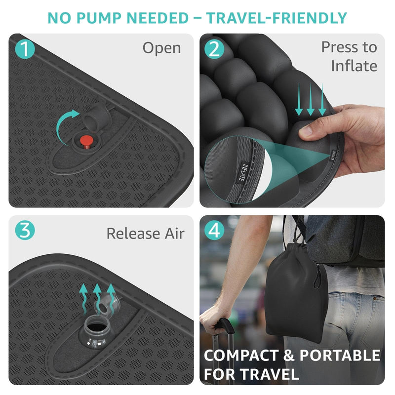 Inflatable Travel Seat Cushion for Airplane - Portable Air Pad with Built-in Pump for Long Flights & Car Rides - Ergonomic Tailbone Pain Relief for Office Chair, Wheelchair, Stadium 15.7"x15.7"
