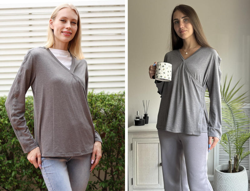 Deyeek Women's Post Shoulder Surgery Shirts Long Sleeve V-Neck Wrap Chemo Blouse Easy Access Adaptive Snap On Dialysis Shirts Dark Grey Medium