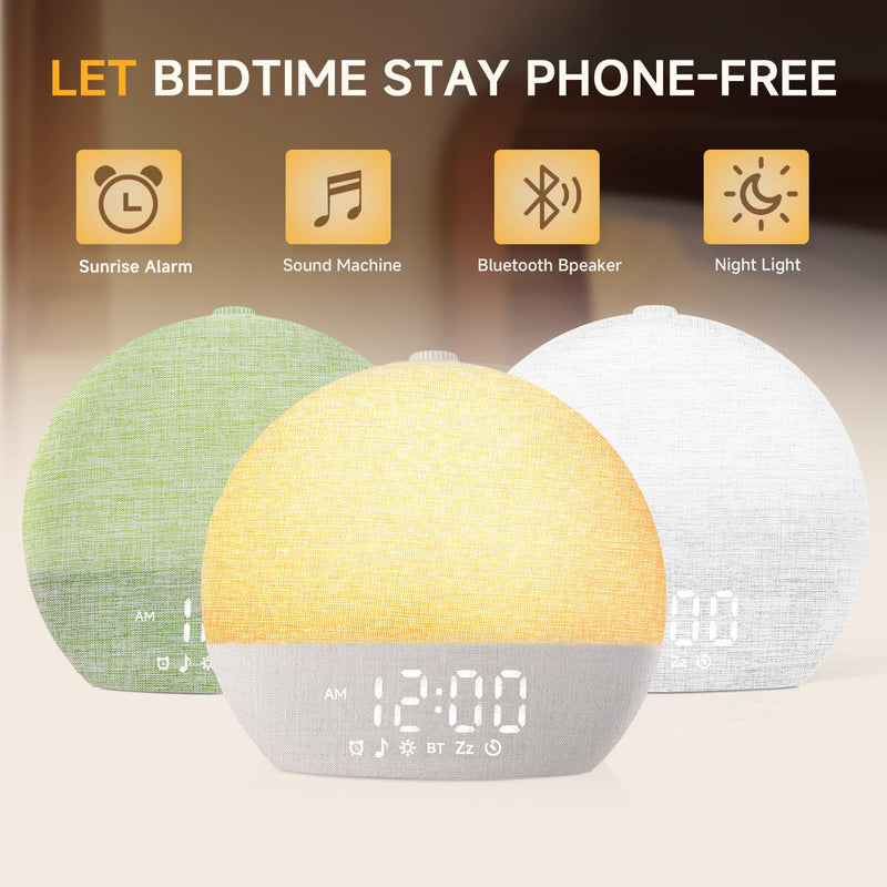 Sunrise Alarm Clock White Noise Sound Machine for Bedroom | Natural Wake-Up Light with 30 Soothing Sleep Aids, Bluetooth Speaker, Dimmable Clock, Screen-Free Design for Baby Adults Kids-Khaki Khaki