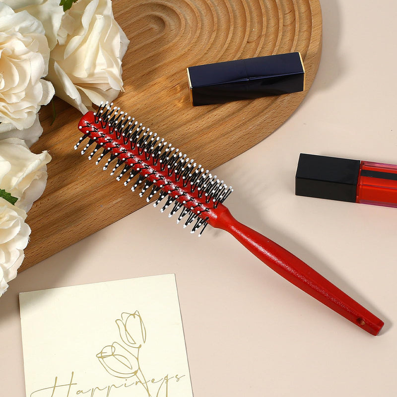 Small Round Hair Brush for Blow Drying, Mini Curling Brush with Ball Tip Nylon Bristle and Wood Handle, Mini Quiff Roller for Short Hair, Thin Hair, Bangs, Lifting, Styling, Beard (Red)