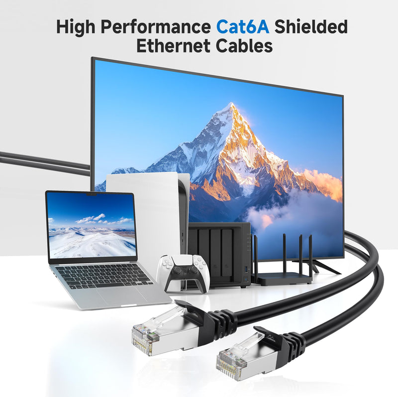 Cable Matters 10Gbps 10-Pack Snagless Shielded Cat 6A Ethernet Cable - 7ft, Cat 6A Cable, Cat6A Cord, Ethernet Cord, Black 7 ft
