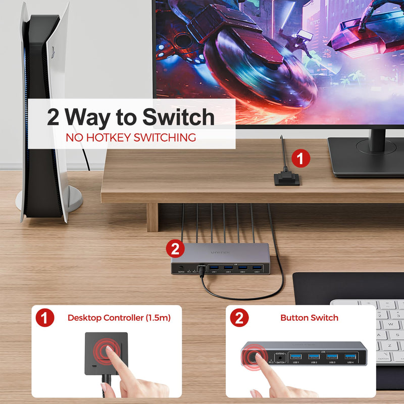 Unitek HDMI KVM Switch 1 Monitors 2 Computers - 4K@60Hz 4 USB A 3.0 5Gbps Ports PC Switcher for Computer Display Desktop Keyboard Mouse with Converter