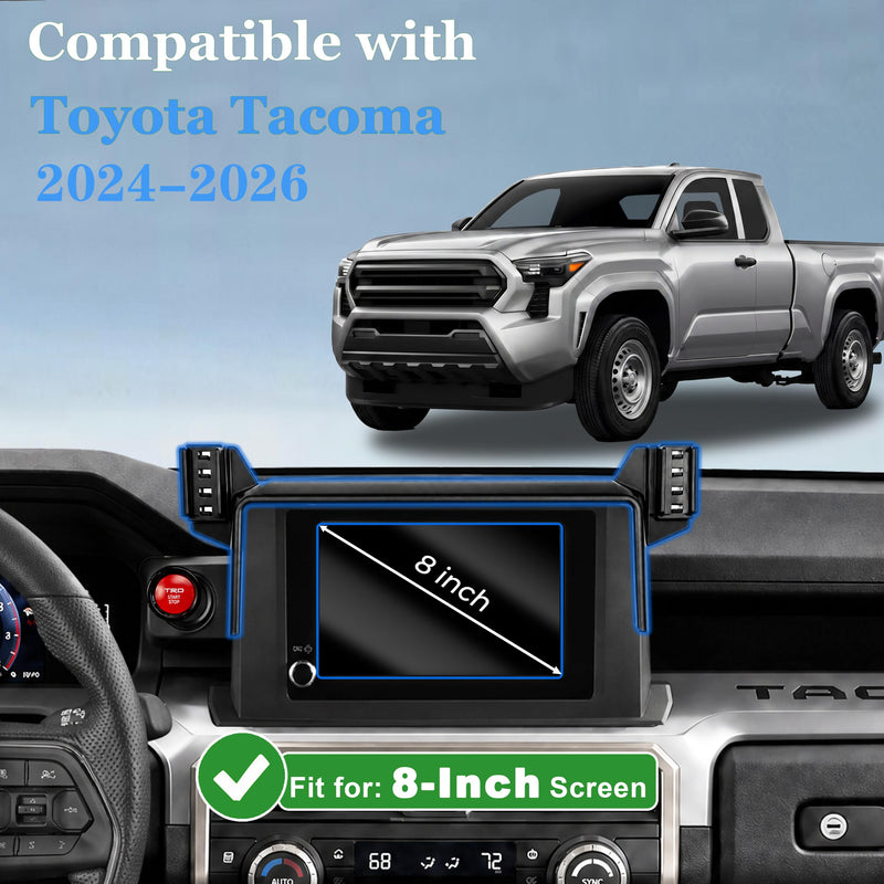 Car Phone Holder for 2024-2026 Toyota Tacoma 4th Gen Accessories, 8-Inch Screen Phone Mount with Up to 15W Fast Wireless Charger, Auto-Clamping Aluminum Holder, 360° Rotation, Keeps Air Vents Clear