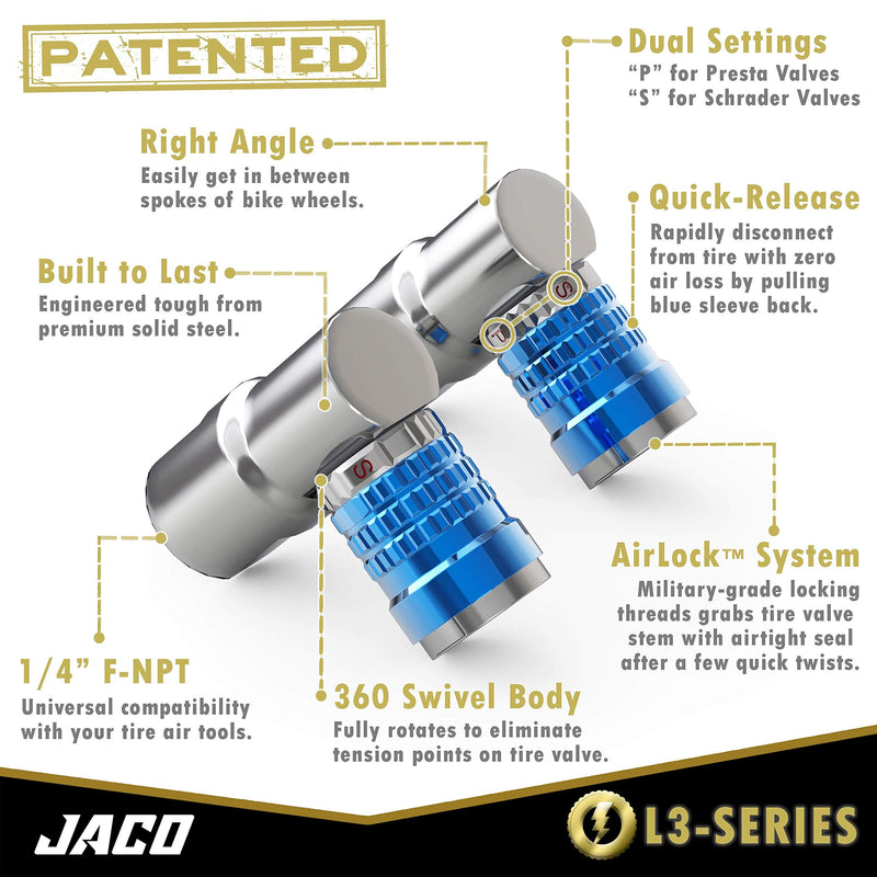 JACO Lightning L3-Series Bike Tire Air Chuck for Presta & Schrader Valves - 1/4" F-NPT (Open Flow) (Pack of 2)