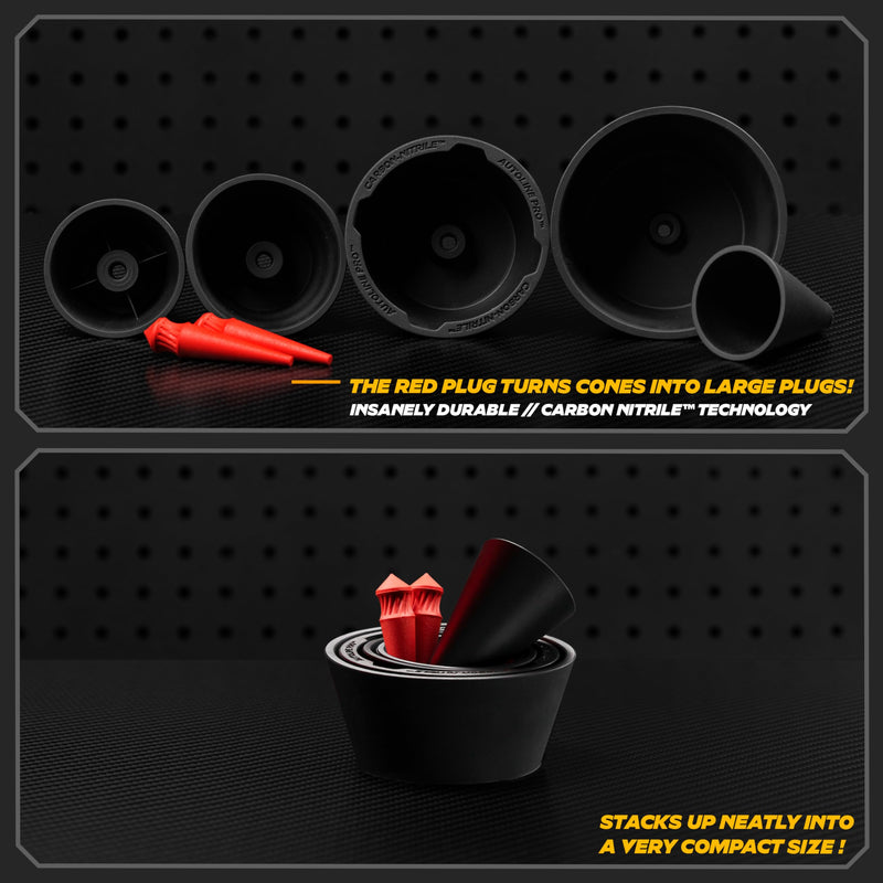 AutoLine Pro Cone and Plugs 2-in-1 Adapters | for Automotive Smoke Machine Leak Testing | Cone & Cap Plugs Function | CarbonNitrile™ | This Product is Patented.