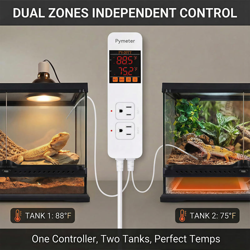Digital Temperature Controller Dual Probe Reptile Thermostat Controlled Outlet for Terrarium Heat Mat Heating Pad, Switch Cooling Fan Freezer Fridge ON & Off at Setpoints 10A 1200W PY-20TT-10A