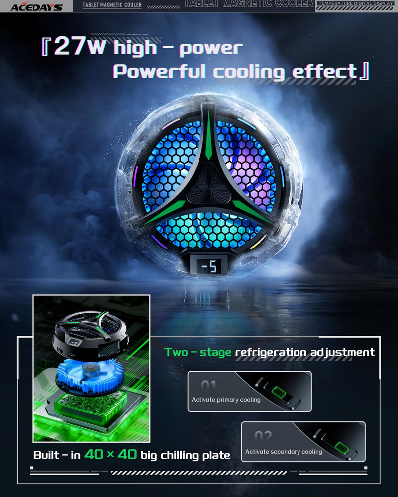ACEDAYS Magnetic Cooler for iPad,Tablet Cooler for ipad/Surface pro/Samsung Tab,Universal Radiator with Temperature Display for Mobile Gaming,Tiktok Live Streaming (Green Mech) Green Mech without Tablet Stand Holder