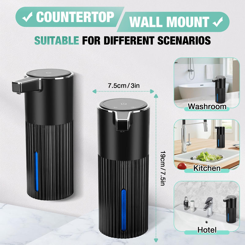 2 Pack Automatic Soap Dispenser: 14oz Plastic - Foaming Touchless 4 Level Adjustable Wall Mount Foam Black Rechargeable Electric Auto Smart Soap Dispenser Set - Bathroom Kitchen Hand Dish Lotion 2 Pack Black