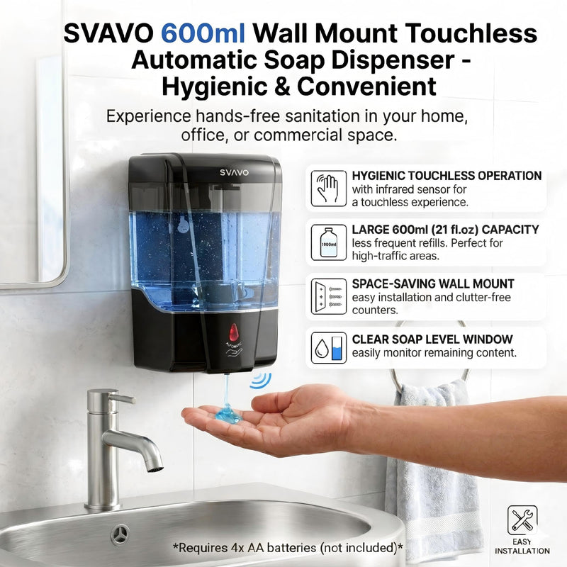 SVAVO Automatic Soap Dispenser Hand Soap Dispenser Wall Mount 600m/21 fl.oz, Touchless Electric Sensor Pump Battery Operated for Offices Home Kitchen Bathroom Hotel Restaurant Commercial Black 600ml