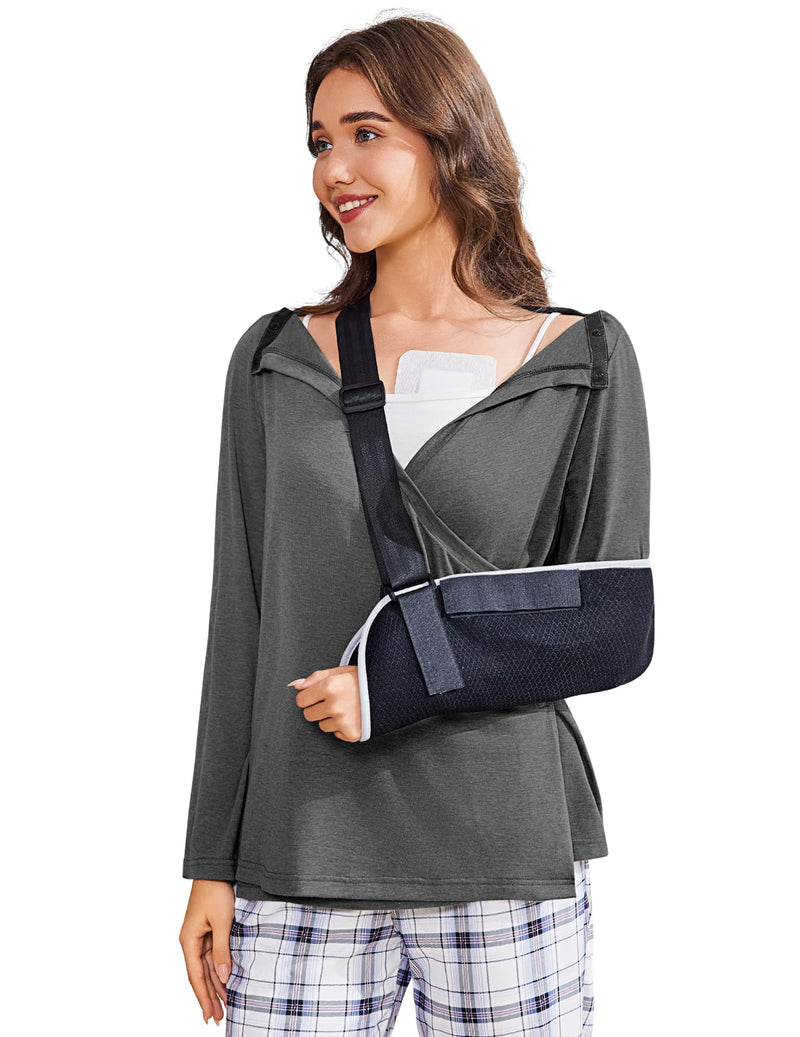 Deyeek Women's Post Shoulder Surgery Shirts Long Sleeve V-Neck Wrap Chemo Blouse Easy Access Adaptive Snap On Dialysis Shirts Dark Grey Medium