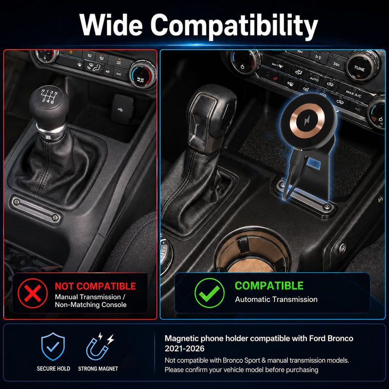 Wireless Charger Phone Mount Fit for Ford Bronco 2021-2026 | 360° Adjustable Magnetic Phone Holder, with Magnetic Ring, Fit for Any Magnetic Charging Mobile Phone