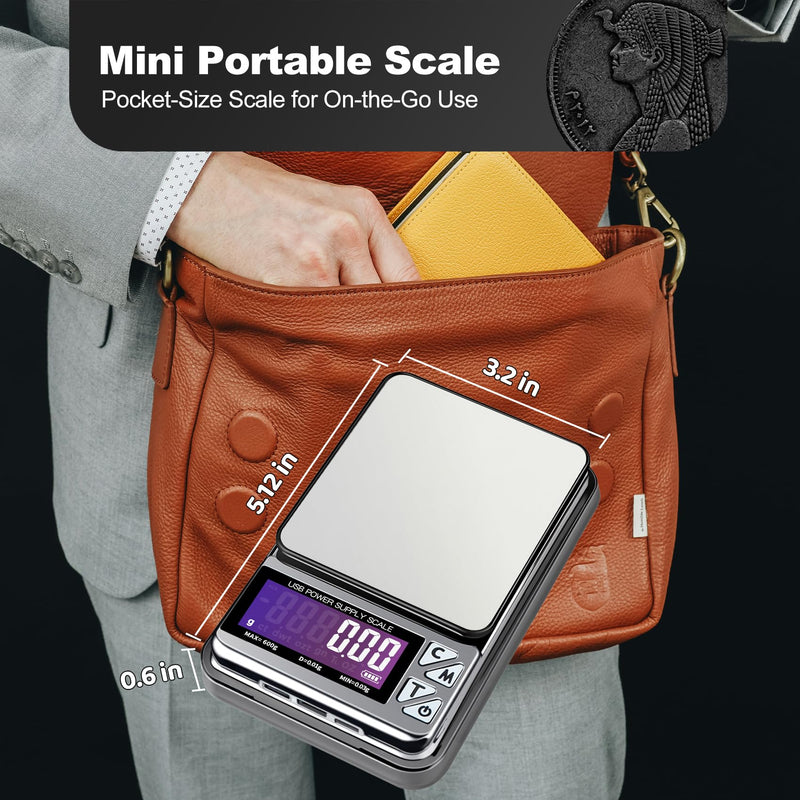 MEIYA Coin Scale, 600g x 0.01g Jewelry Scale with 7 Units & 3 Charging Interfaces, Digital Portable Pocket Gram Scale for Coin Collectors, Jewelers, Gold, Silver Dollar