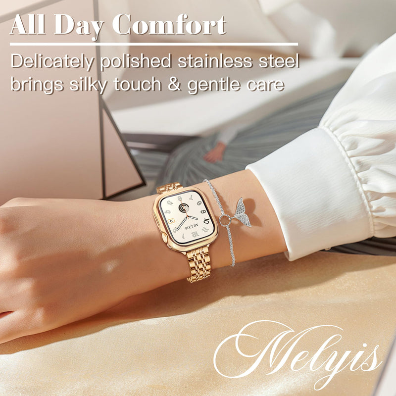 Melyis Slim Stainless Steel Band Fits Apple Watch Bands for Women 45mm 44mm 42mm(Series 3 2 1), Thin Metal iWatch Band with TPU Protective Case for Apple Watch Band Case Series 9 SE 8 7 6 5 4, Gold 42mm/44mm/45mm