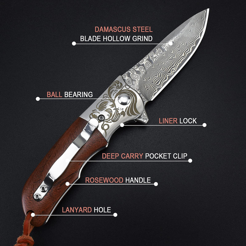 AUBEY Damascus Pocket Knife with Clip, Folding Knives with VG10 Damascus Steel Blade, Wooden Handle, Foldable EDC Knifes for Outdoor Survival Collection Gift A-Rosewood Handle